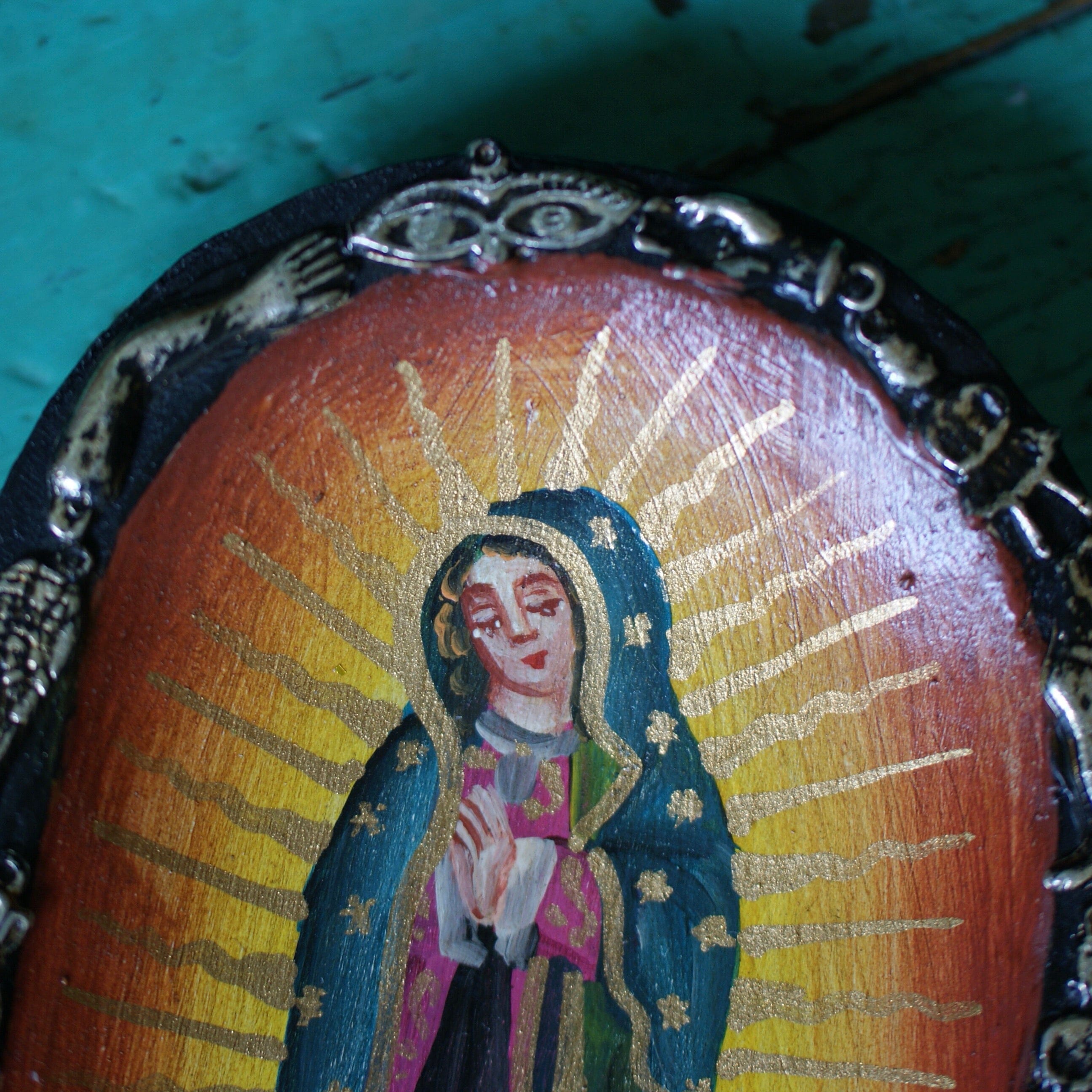 Small Mexican Wooden Batea with Guadalupe & Milagros religious Zinnia Folk Arts   