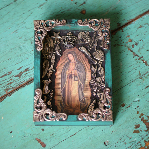 Small Mexican Wooden Rectangular Nicho with Guadalupe & Milagros religious Zinnia Folk Arts   