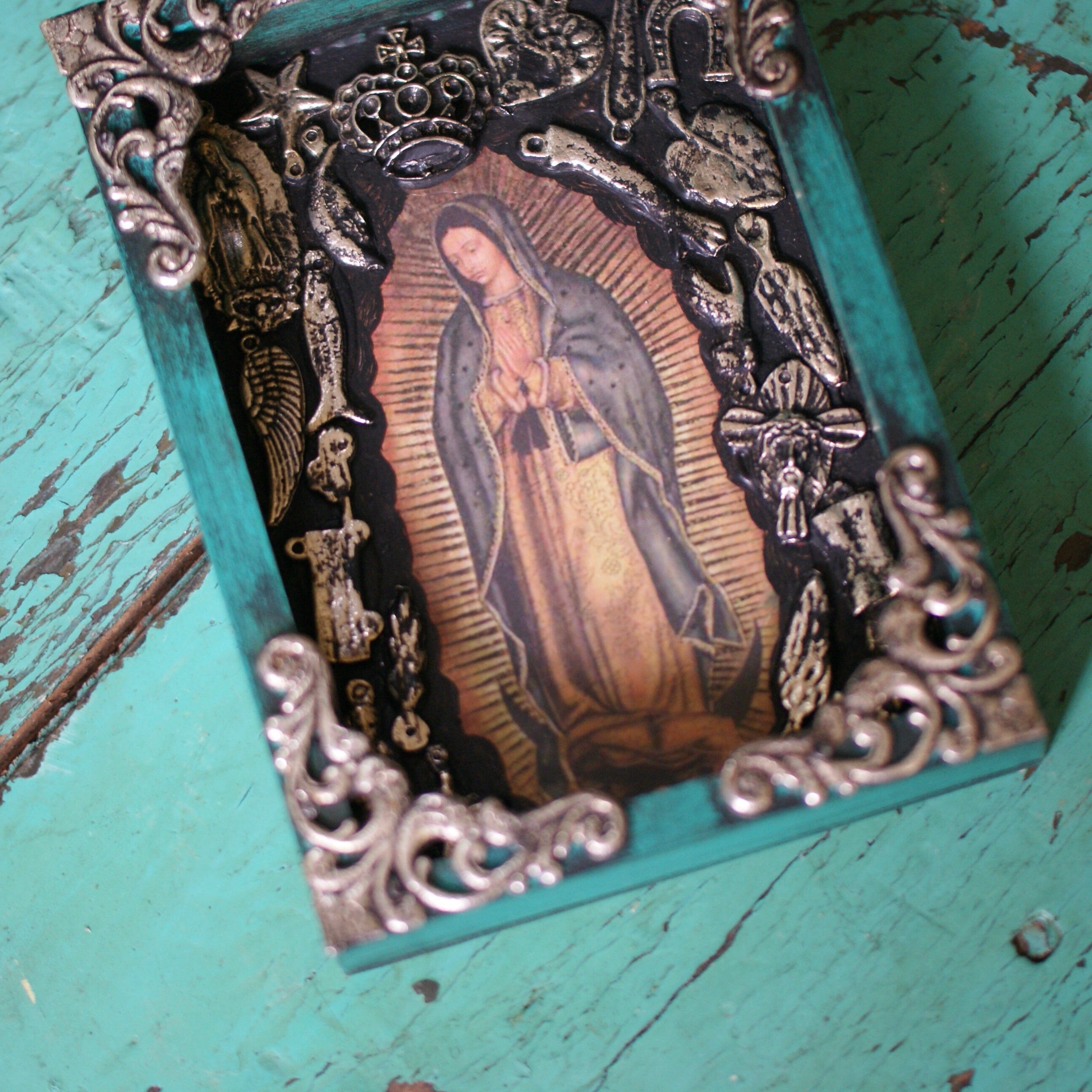 Small Mexican Wooden Rectangular Nicho with Guadalupe & Milagros religious Zinnia Folk Arts   