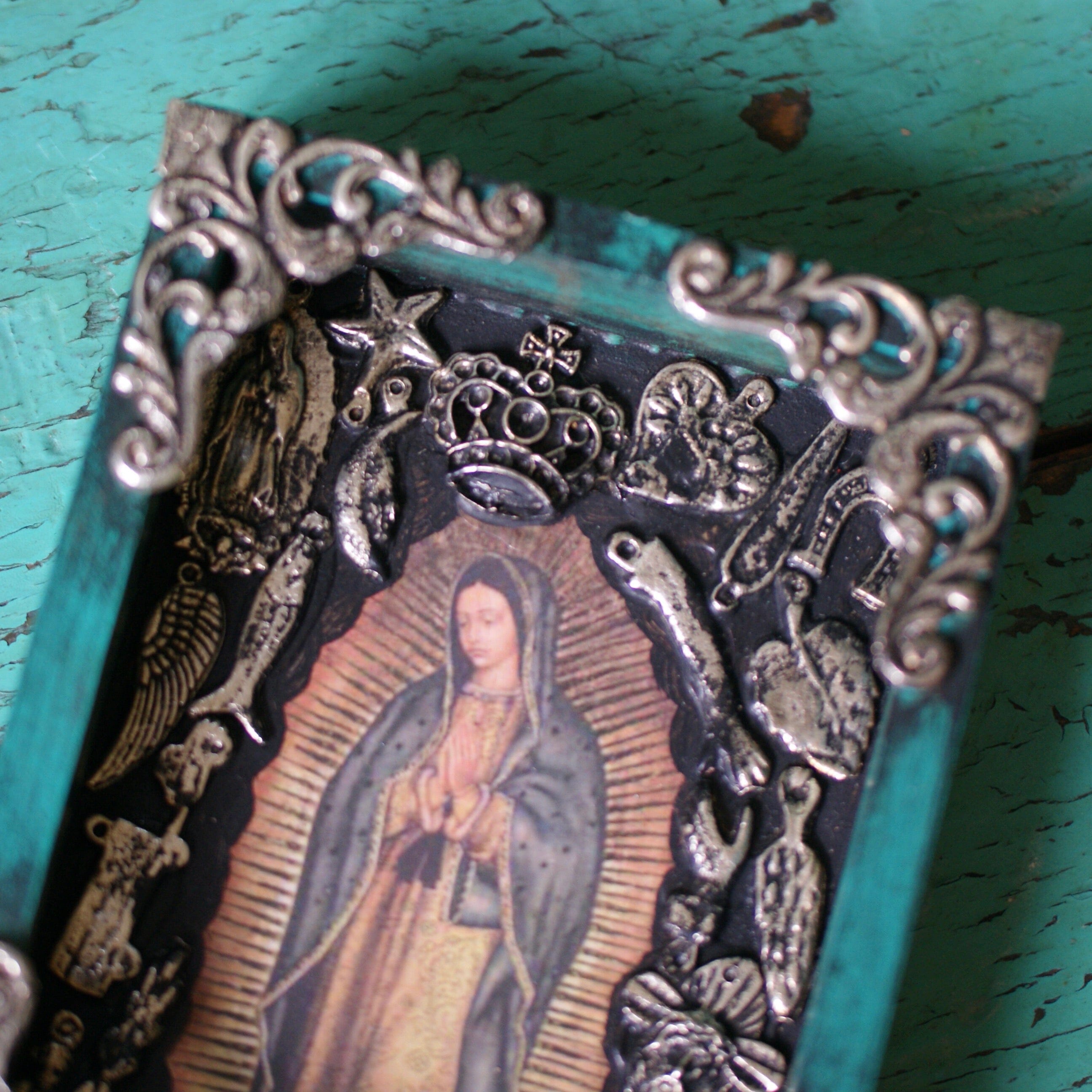 Small Mexican Wooden Rectangular Nicho with Guadalupe & Milagros religious Zinnia Folk Arts   