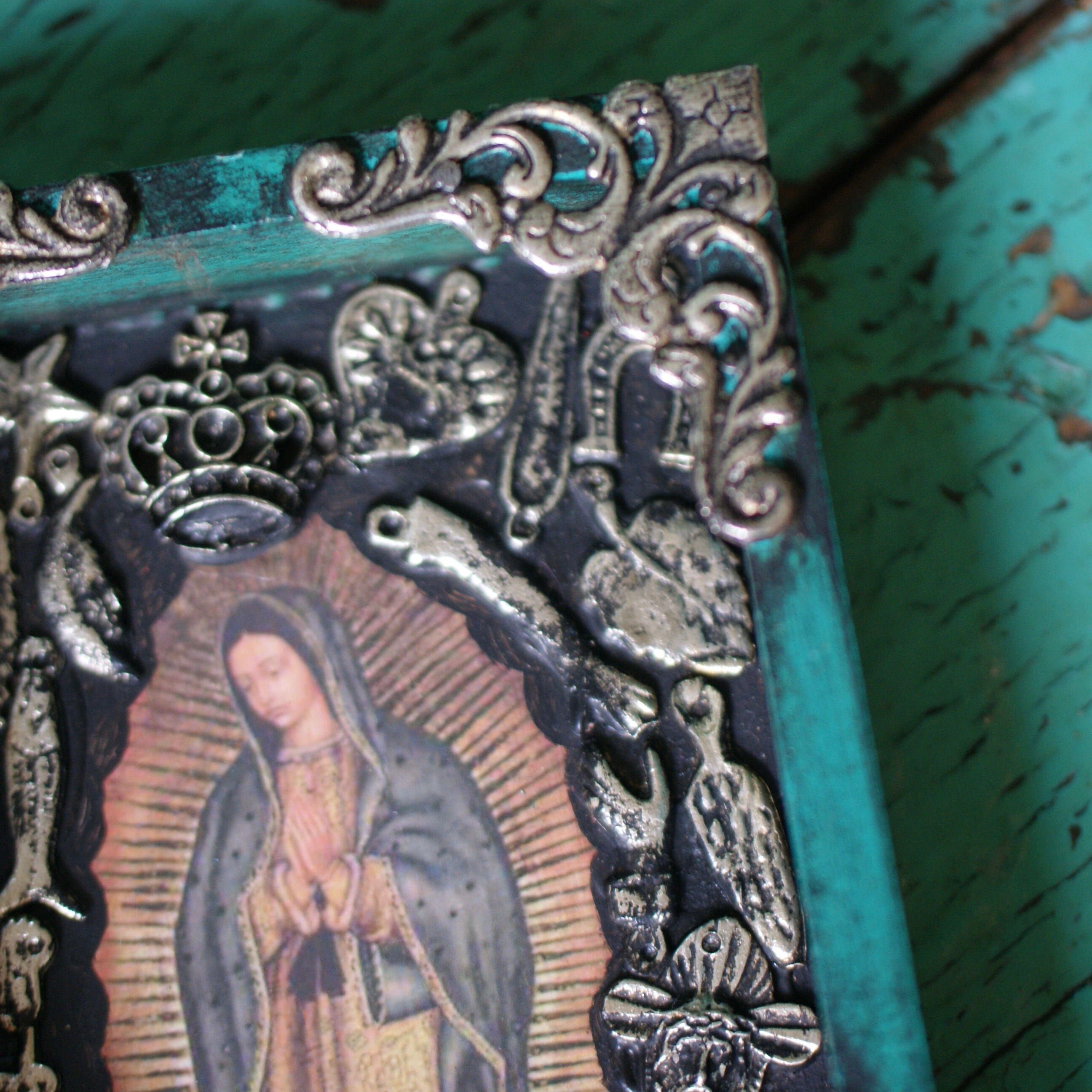 Small Mexican Wooden Rectangular Nicho with Guadalupe & Milagros religious Zinnia Folk Arts   