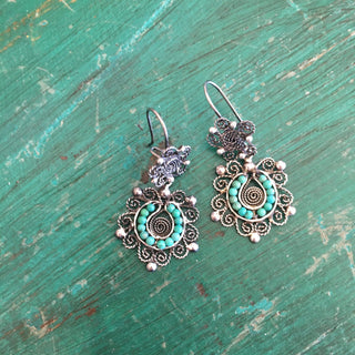 Small Round Mexican Silver Filagree Earrings with Turquoise Beads, 2 Styles Jewelry Zinnia Folk Arts   