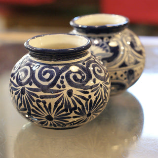 Small Round Mexican Talavera Flower Vases, Ready to Ship Ceramics Zinnia Folk Arts Blue and White  