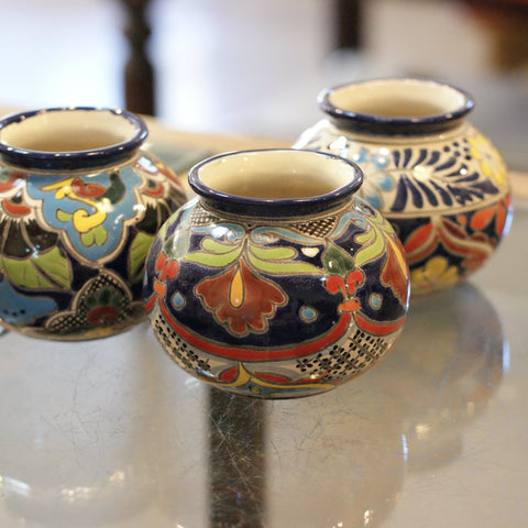 Small Round Mexican Talavera Flower Vases, Ready to Ship Ceramics Zinnia Folk Arts Mult-color  