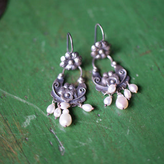 Smaller Frida Kahlo Earrings, Sterling Silver Jewelry Zinnia Folk Arts Seed Pearl with Flower  
