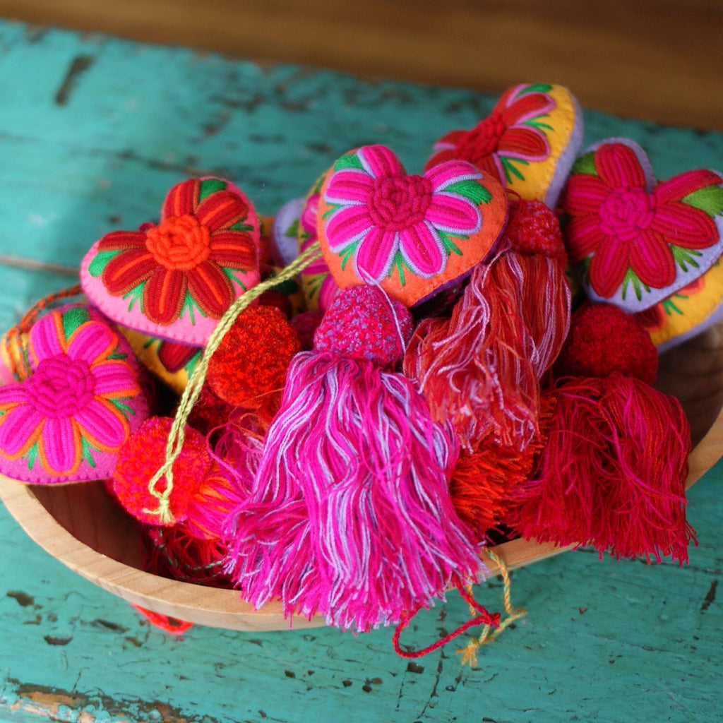 Soft Flannel Mexican Hearts, Medium Home Decor Zinnia Folk Arts One Pom with Tassel  