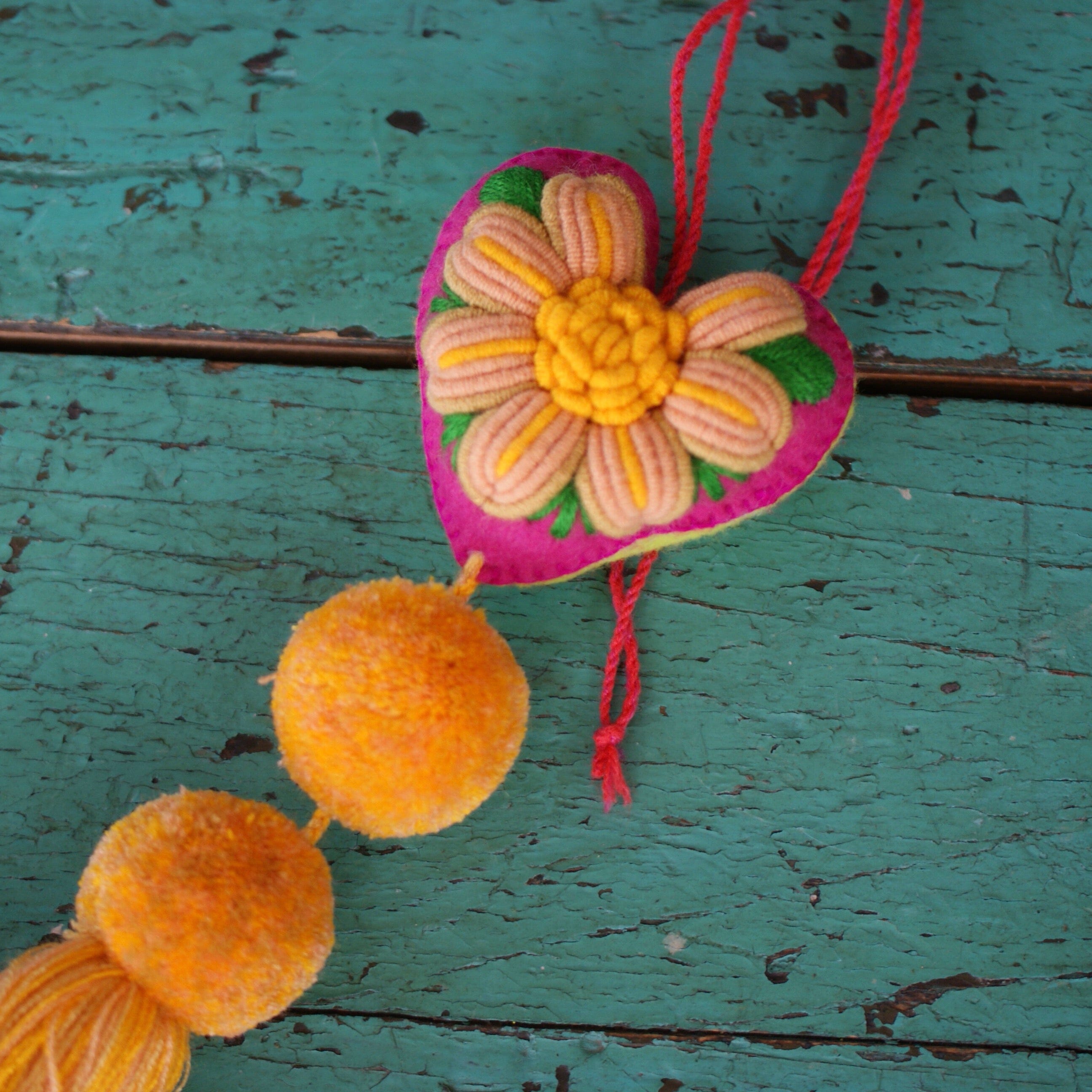 Soft Flannel Mexican Hearts, Medium Home Decor Zinnia Folk Arts Two Poms #4  