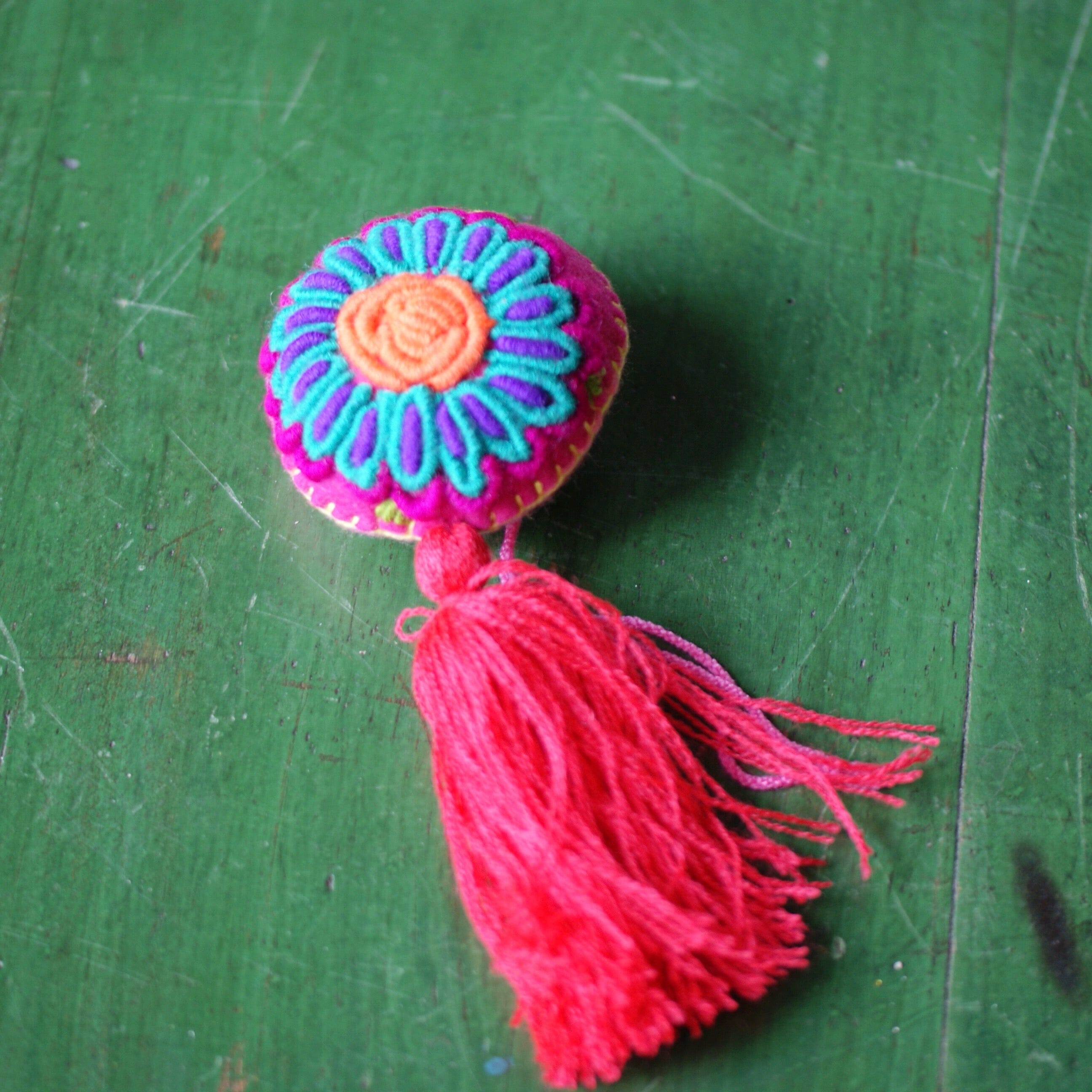 Soft Flannel Round Ornaments, Medium Home Decor Zinnia Folk Arts Dark Coral tassel  