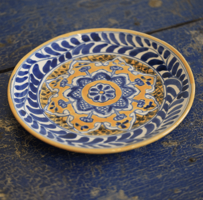 Special Order Round Dessert Plate - Blue/Saffron Tableware Zinnia Folk Arts   