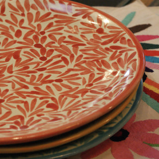 Spring Design  Plates, Ready to Ship Ceramics Zinnia Folk Arts 11.5" Large Dinner Plates-Coral  