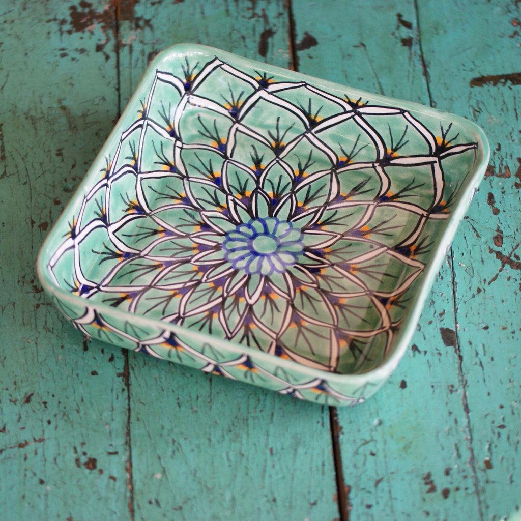 Square 9"x 9" Talavera Baking Pan, Various Designs, Ready to Ship Ceramics Zinnia Folk Arts Green Zinnia  
