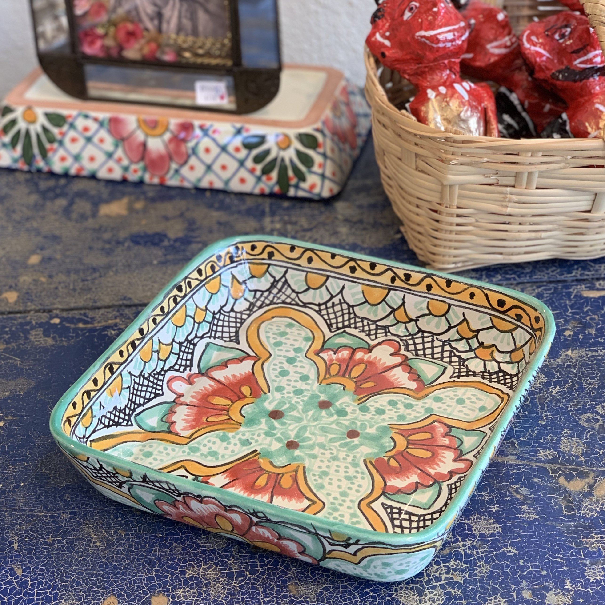 Square 9"x 9" Talavera Baking Pan, Various Designs, Ready to Ship Ceramics Zinnia Folk Arts Mint Green