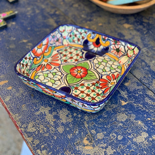 Square 9"x 9" Talavera Baking Pan, Various Designs, Ready to Ship Ceramics Zinnia Folk Arts Red Petunia with Blue  
