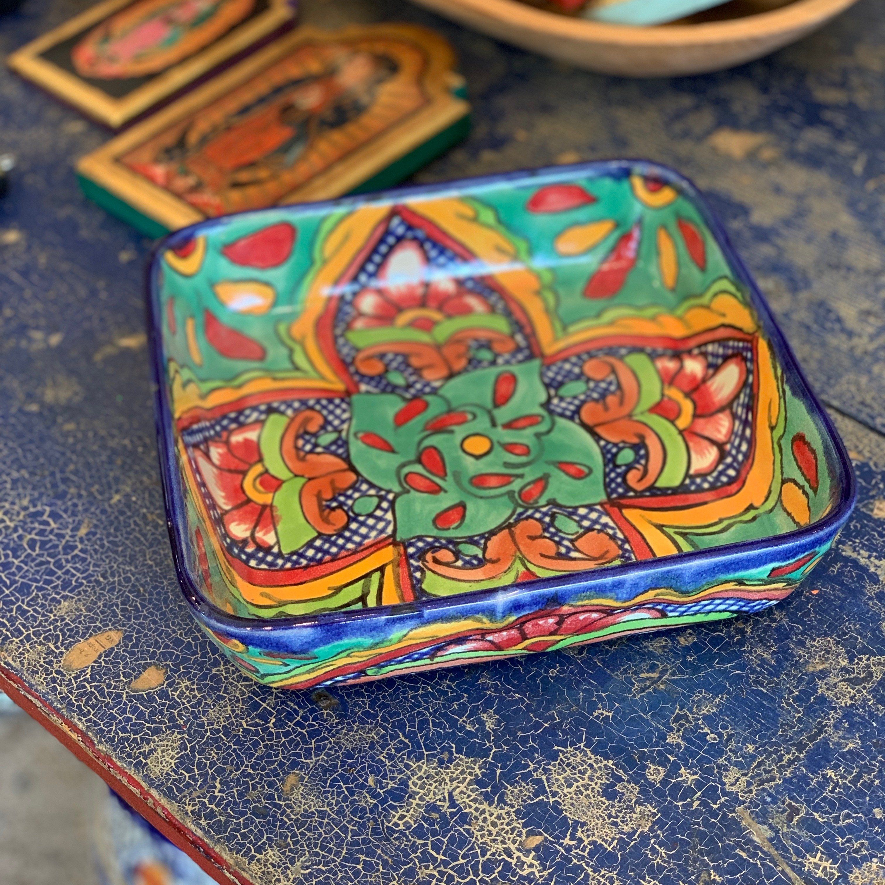 Square 9"x 9" Talavera Baking Pan, Various Designs, Ready to Ship Ceramics Zinnia Folk Arts Verde  