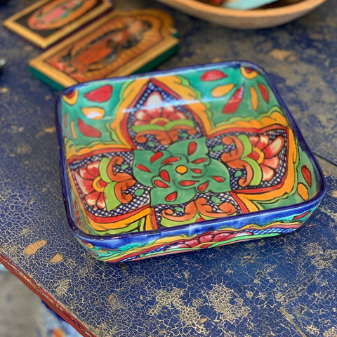 Square 9"x 9" Talavera Baking Pan, Various Designs, Ready to Ship Ceramics Zinnia Folk Arts Verde  