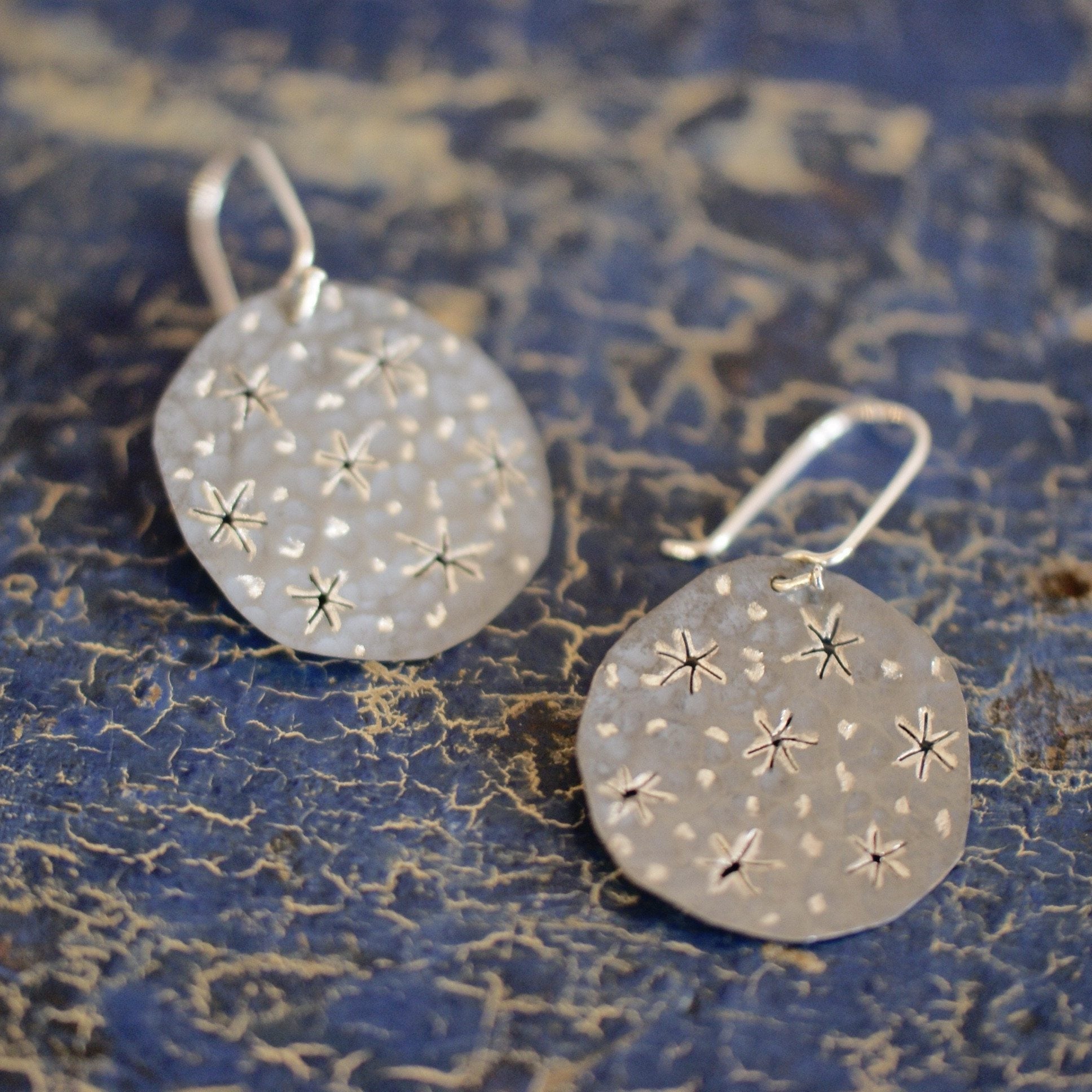 Starry Night Silver Disc Earrings, Taxco, Mexico Jewelry Zinnia Folk Arts   