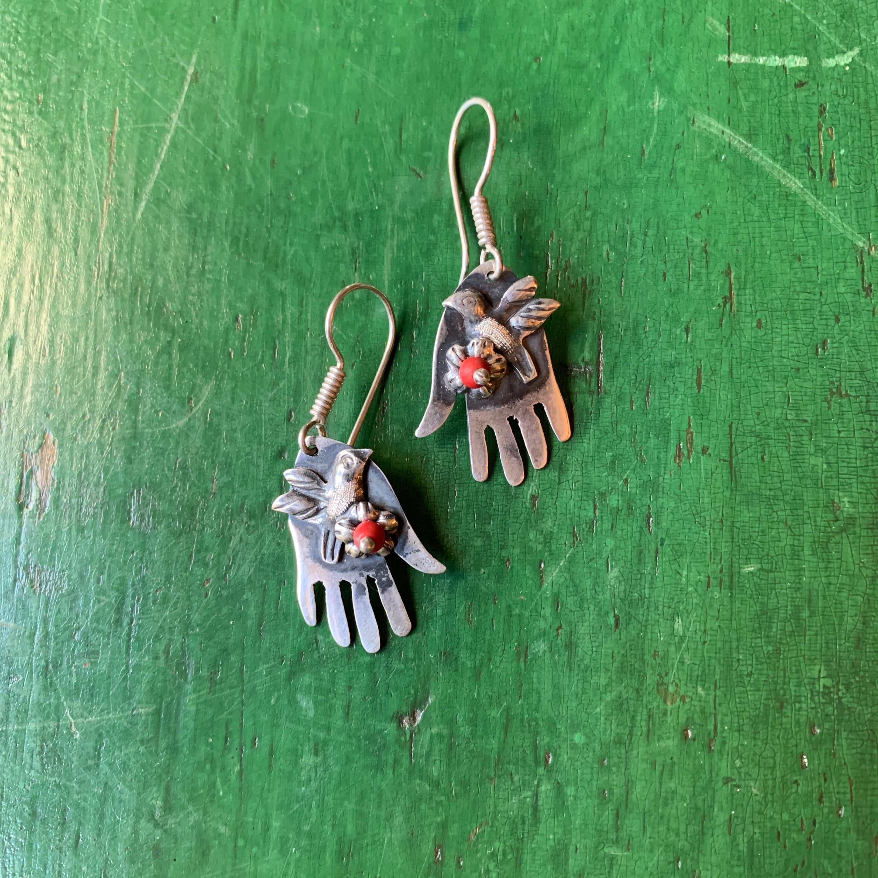 Sterling Hand Earring with Dove and Tiny Coral Flower Jewelry Moosepablos   