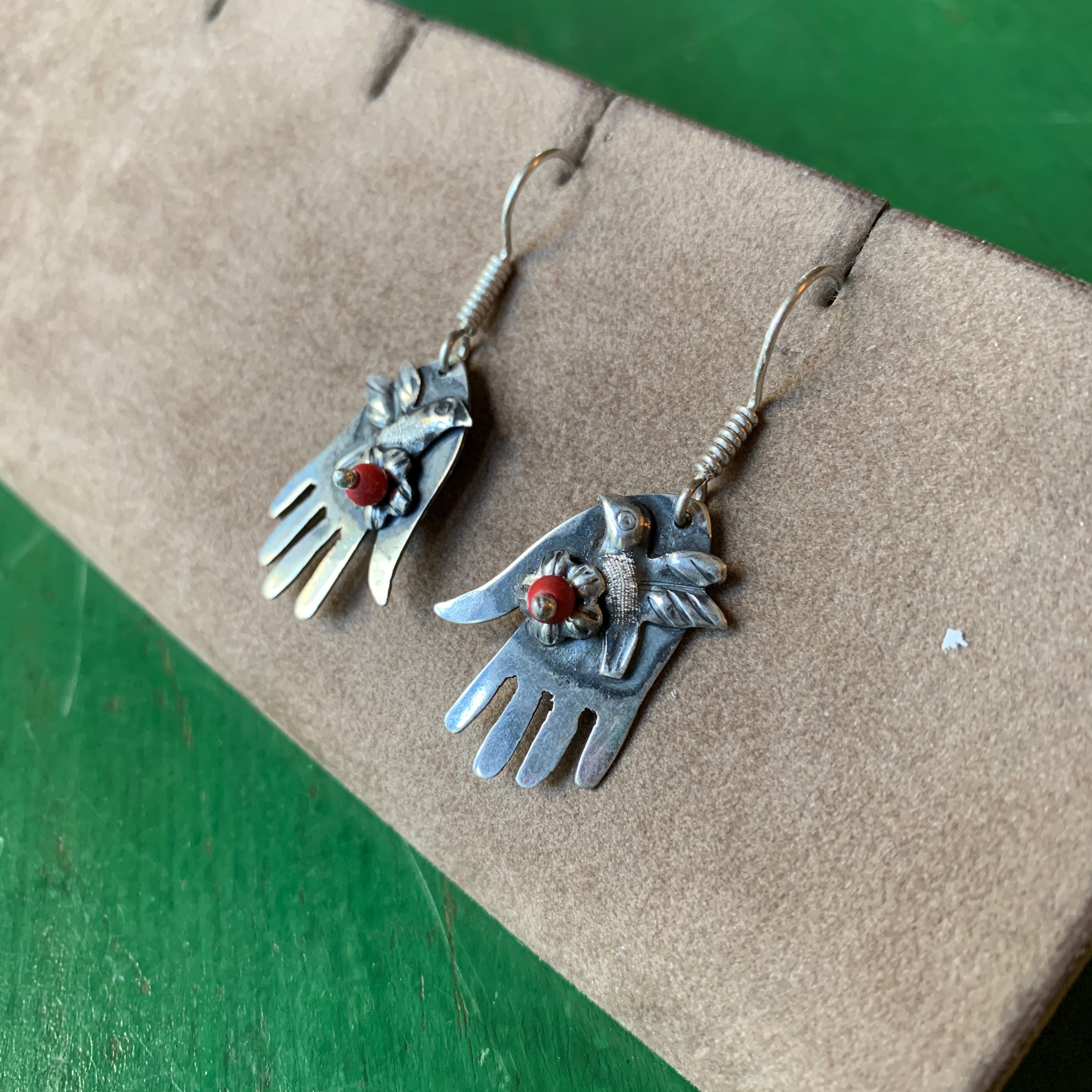 Sterling Hand Earring with Dove and Tiny Coral Flower Jewelry Moosepablos   