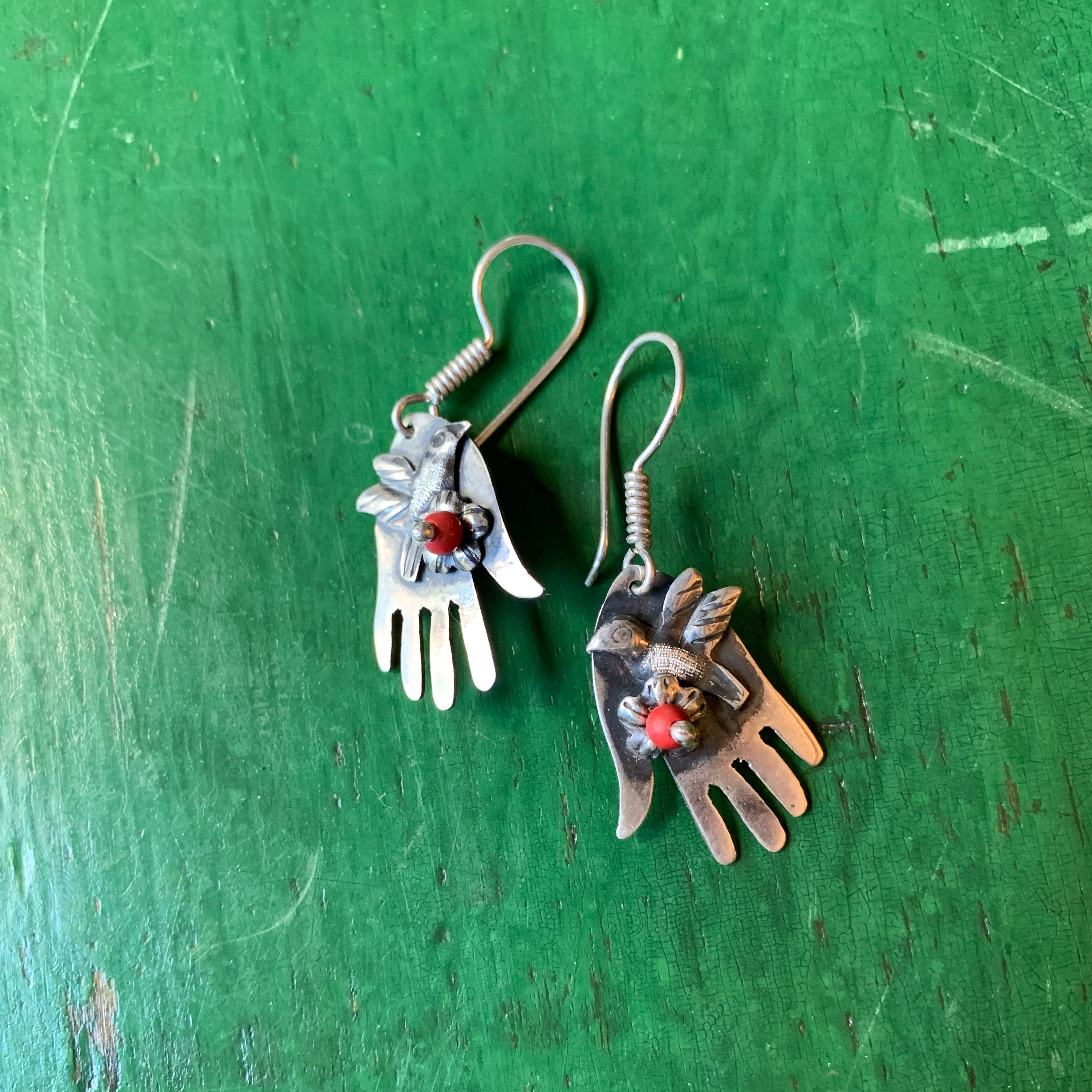 Sterling Hand Earring with Dove and Tiny Coral Flower Jewelry Moosepablos   