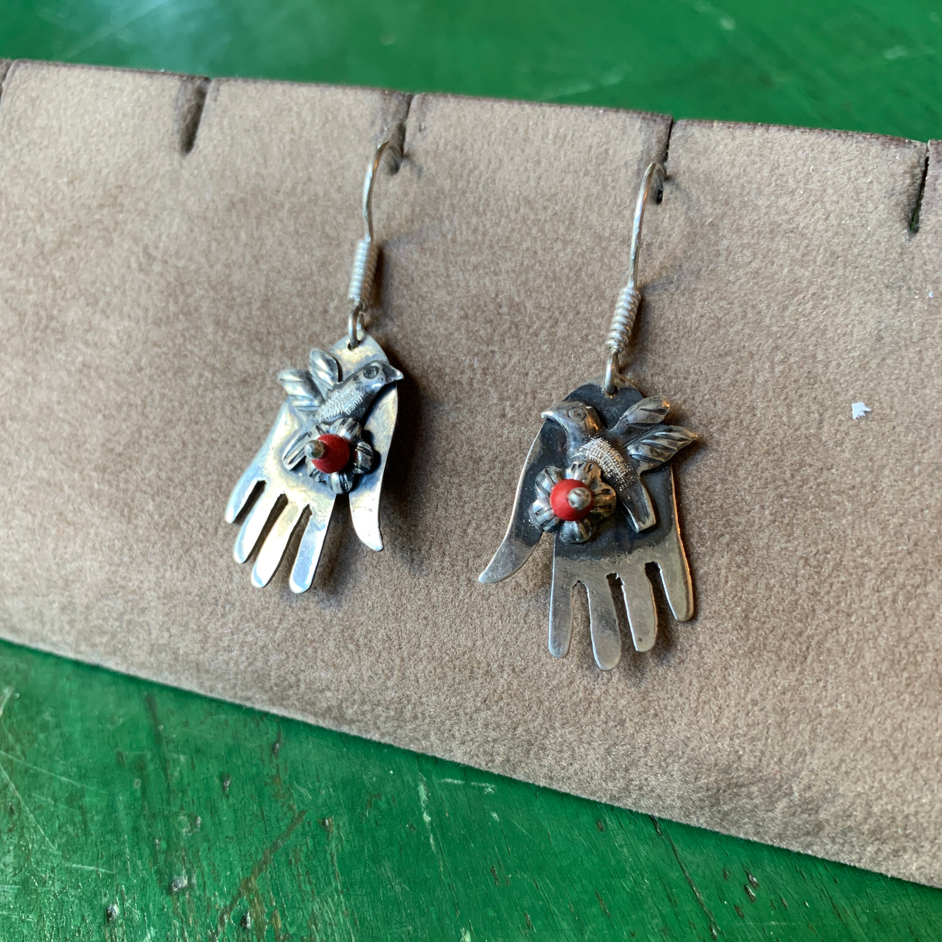 Sterling Hand Earring with Dove and Tiny Coral Flower Jewelry Moosepablos   