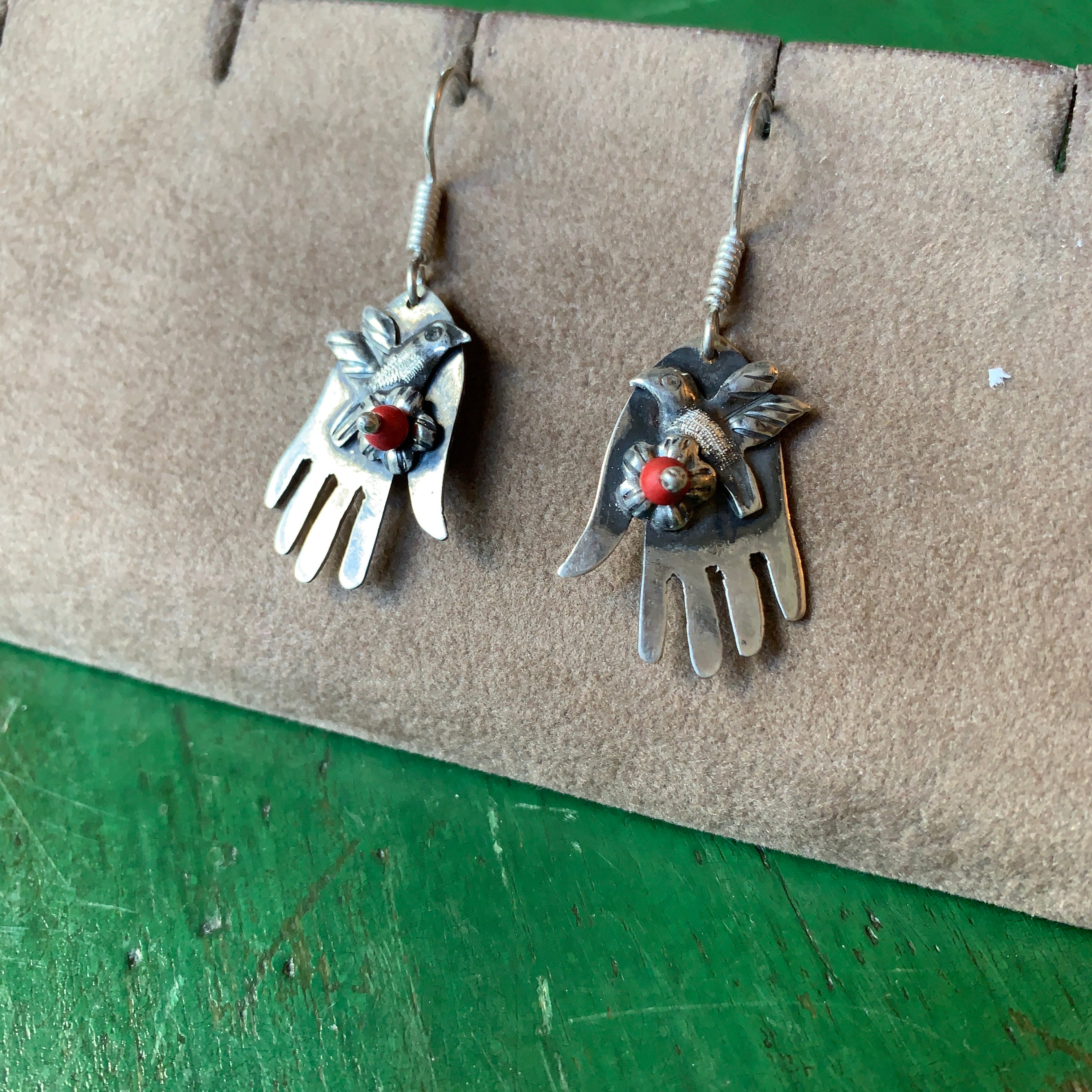 Sterling Hand Earring with Dove and Tiny Coral Flower Jewelry Moosepablos   