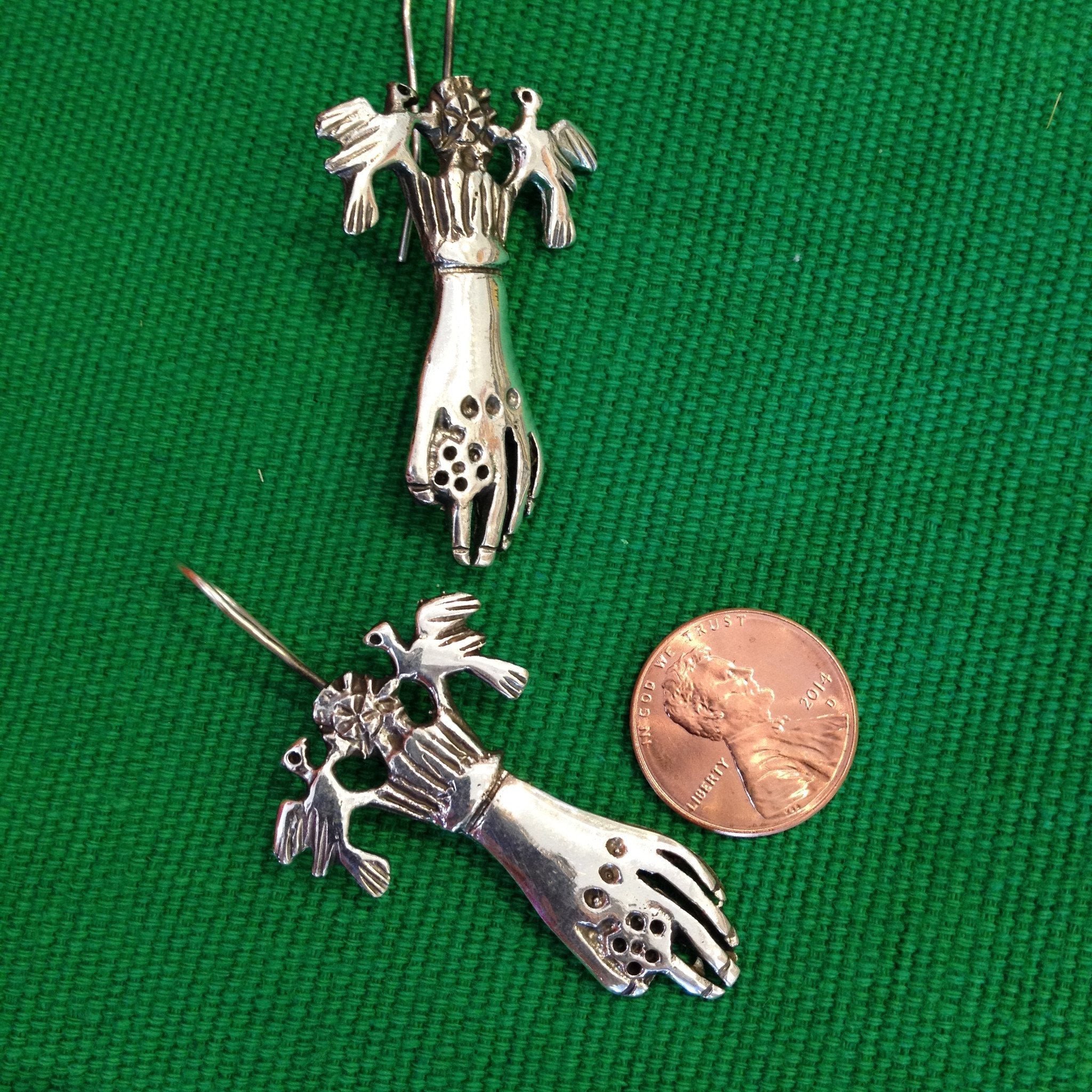 Sterling Silver Frida Hand & Bird Earrings Jewelry Zinnia Folk Arts   