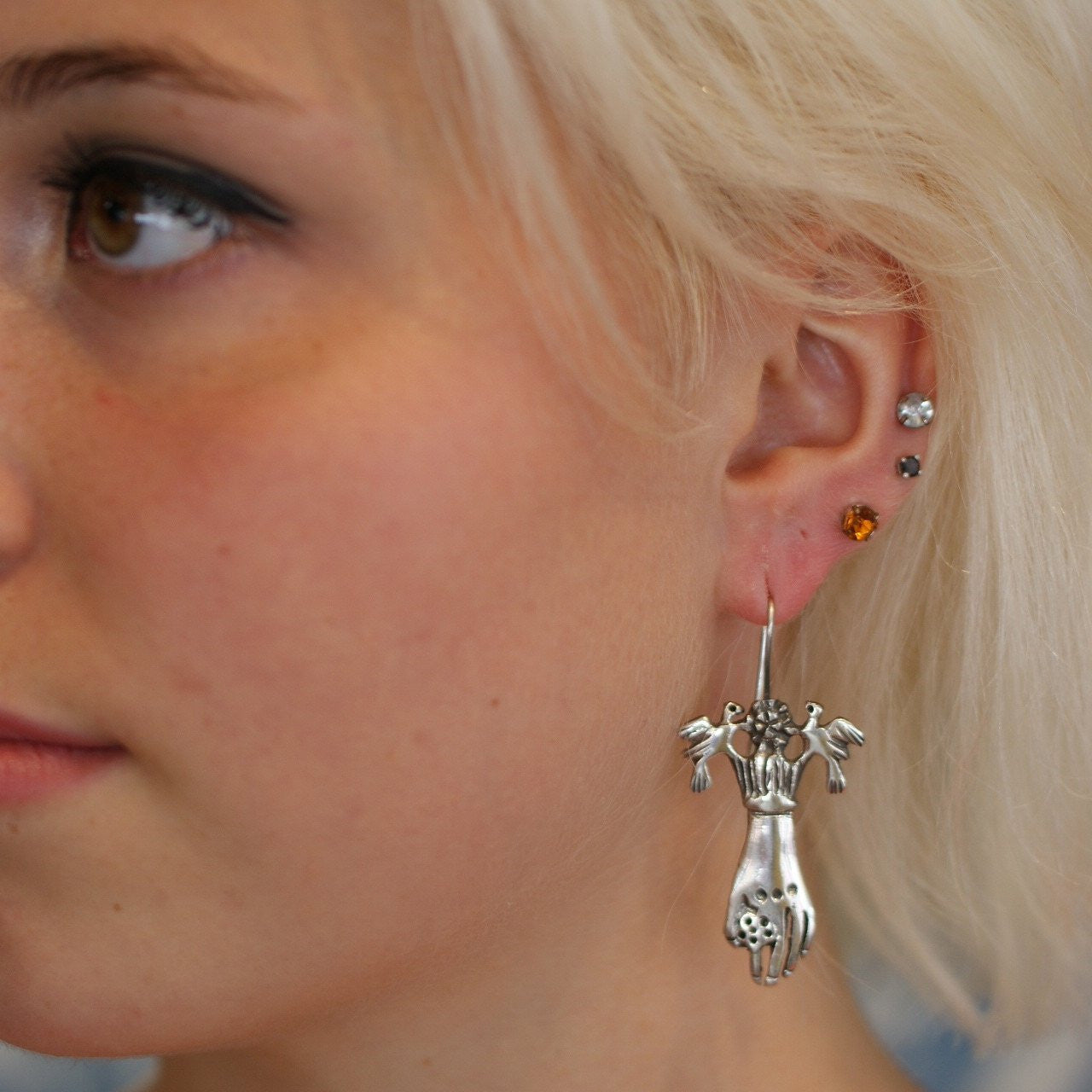 Sterling Silver Frida Hand & Bird Earrings Jewelry Zinnia Folk Arts   