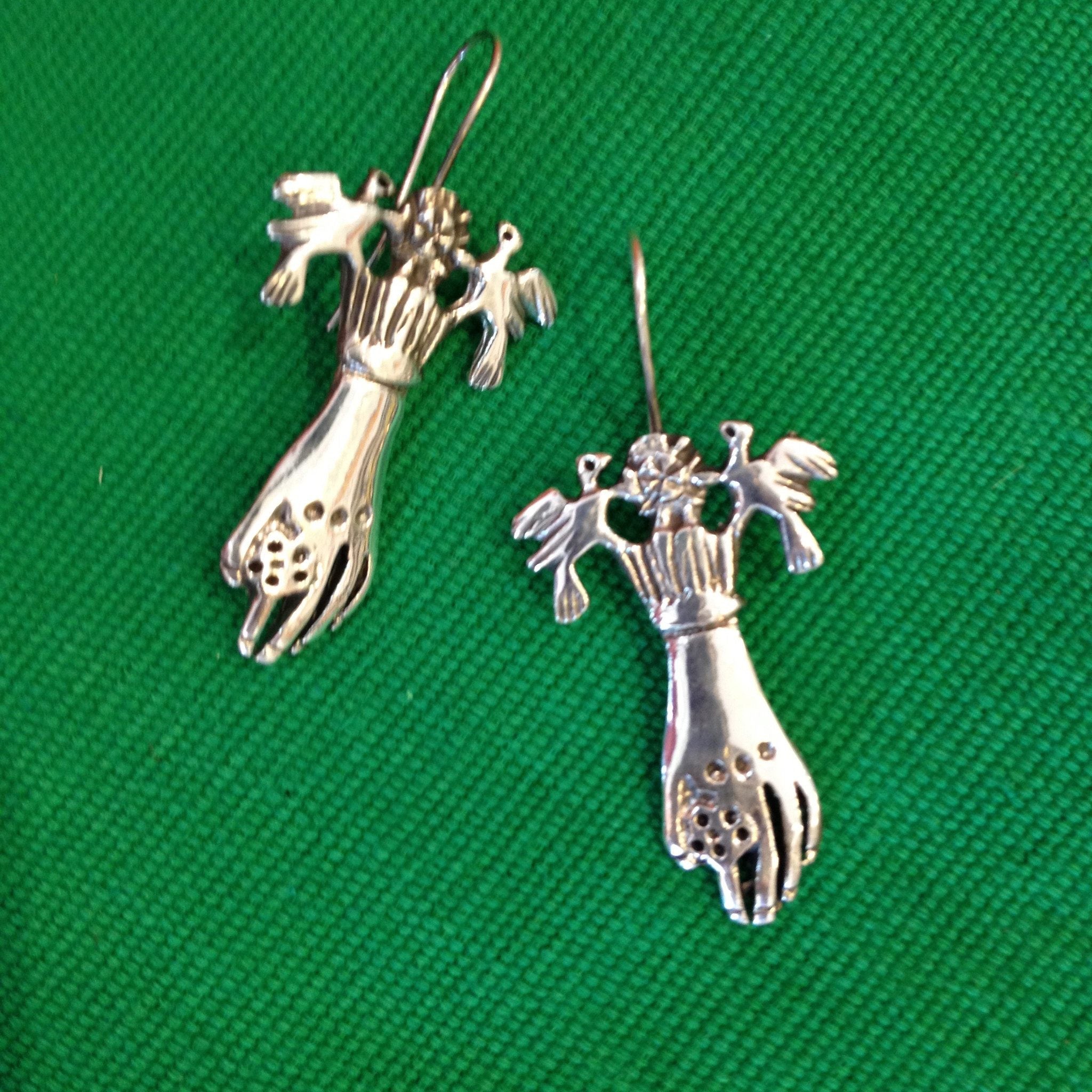 Sterling Silver Frida Hand & Bird Earrings Jewelry Zinnia Folk Arts   