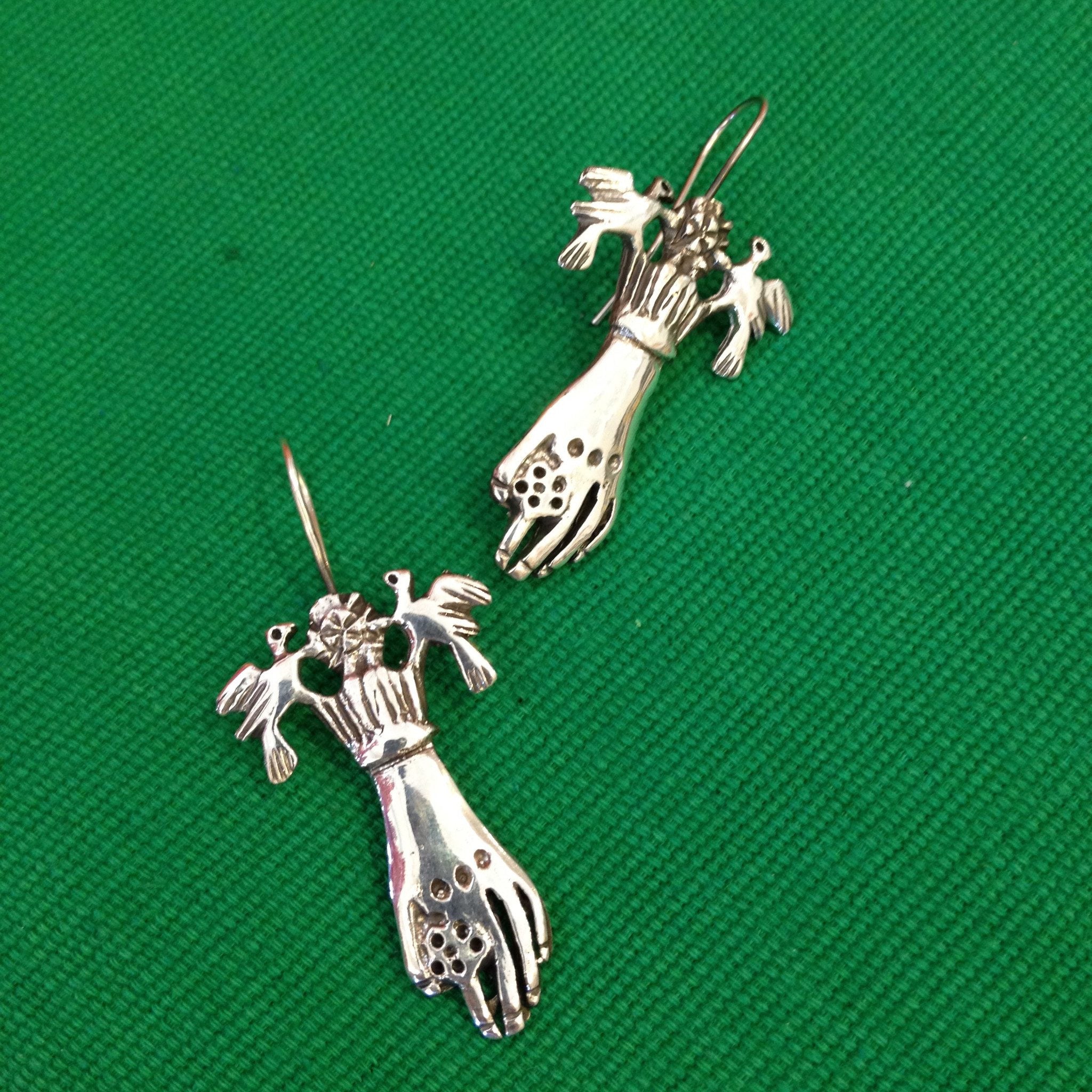 Sterling Silver Frida Hand & Bird Earrings Jewelry Zinnia Folk Arts   