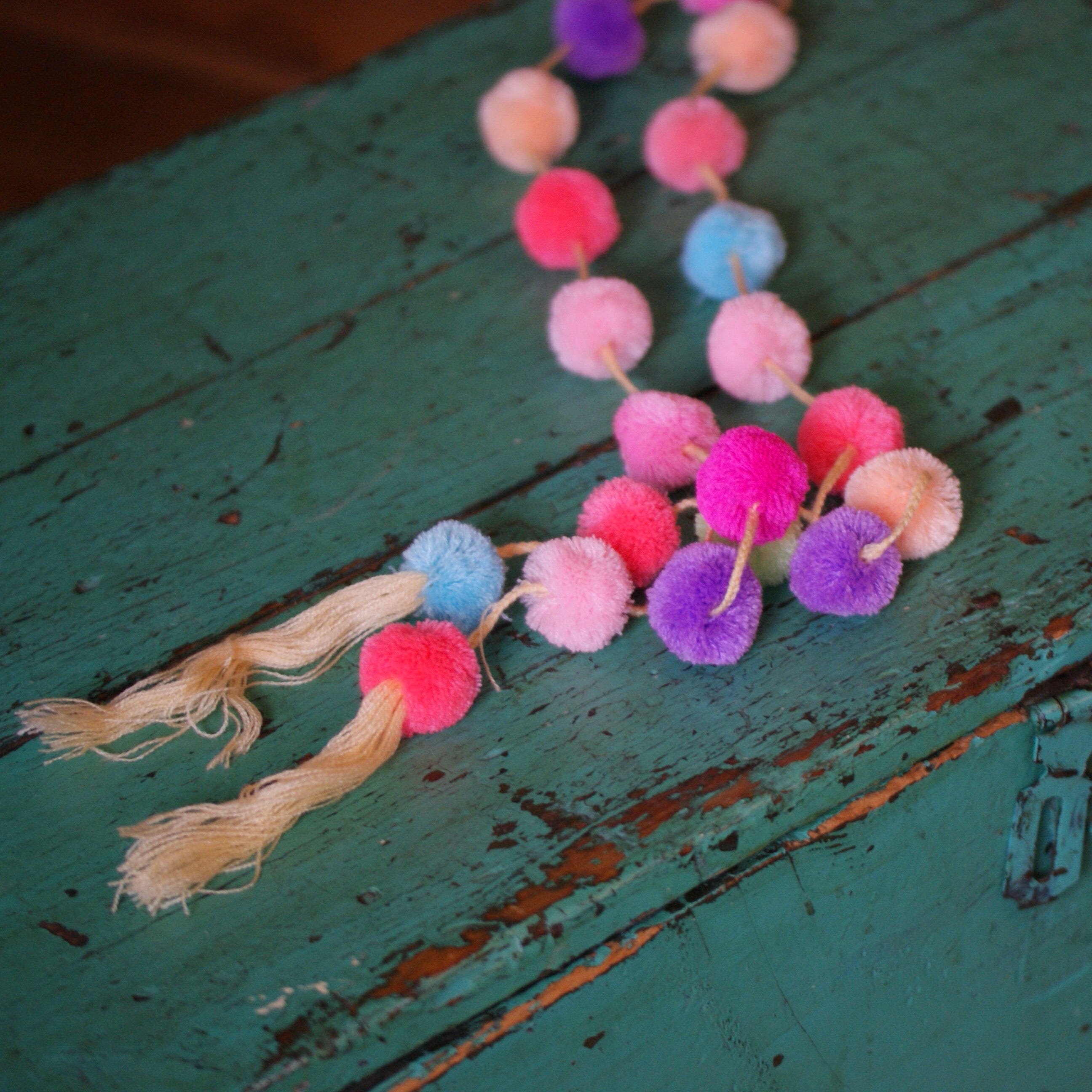Strings of Pastel Colored Pompoms Textile Zinnia Folk Arts   