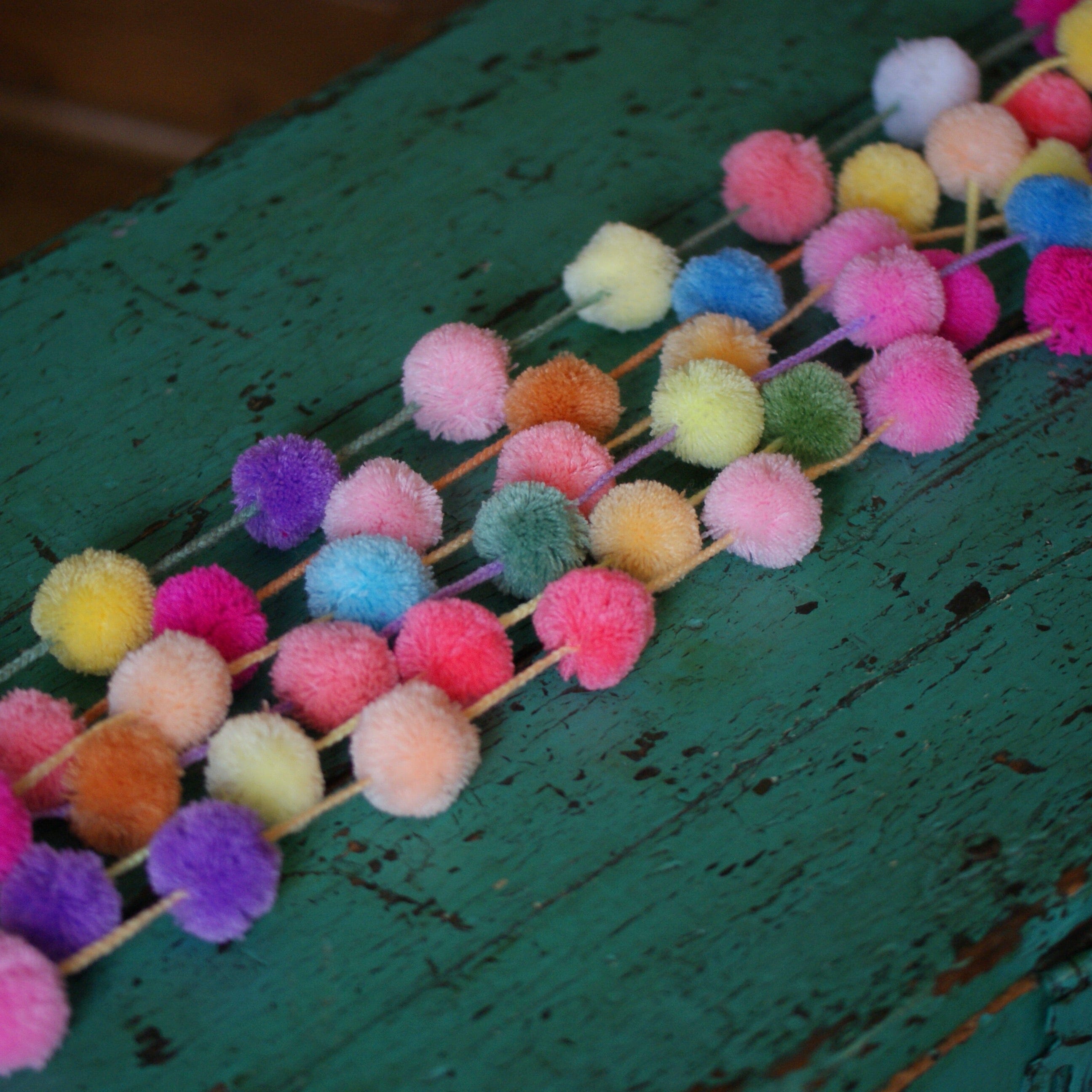 Strings of Pastel Colored Pompoms Textile Zinnia Folk Arts   