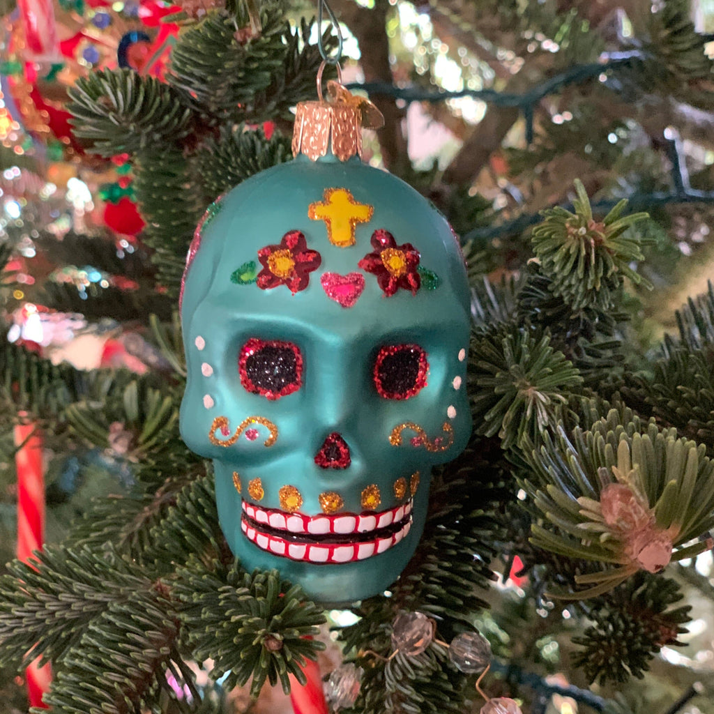 Sugar Skull Blown Glass Ornament Christmas Zinnia Folk Arts   