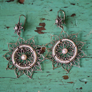 Sun Shaped Mexican Silver Filagree Earrings with Pearl Beads Jewelry Zinnia Folk Arts   