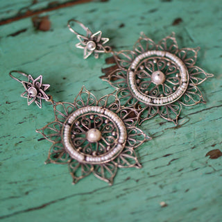 Sun Shaped Mexican Silver Filagree Earrings with Pearl Beads Jewelry Zinnia Folk Arts   