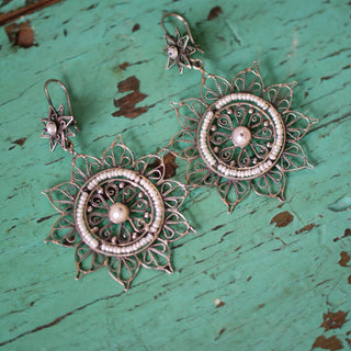 Sun Shaped Mexican Silver Filagree Earrings with Pearl Beads Jewelry Zinnia Folk Arts   