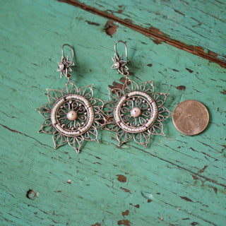 Sun Shaped Mexican Silver Filagree Earrings with Pearl Beads Jewelry Zinnia Folk Arts   