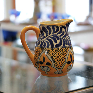Talavera Water Pitchers, Various Designs Ceramics Zinnia Folk Arts Blue and Saffron Gold  