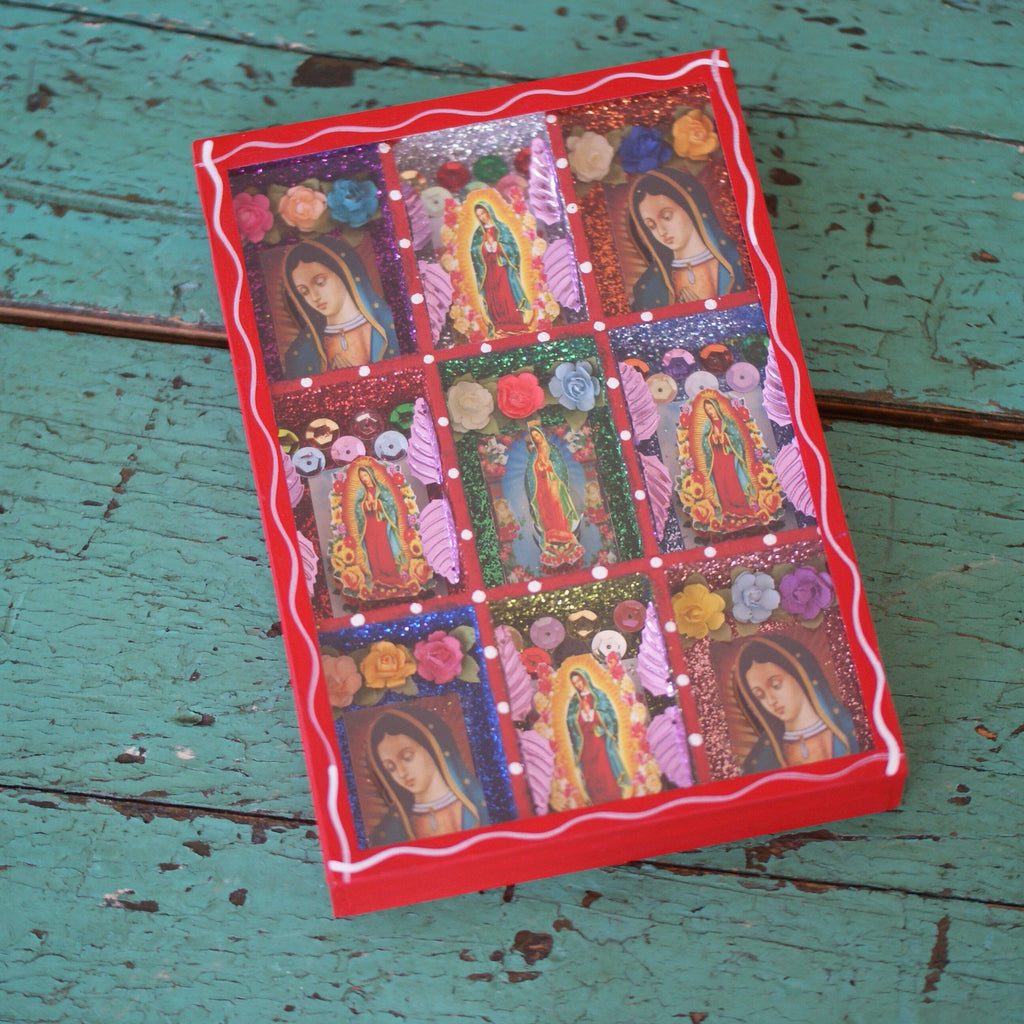 The Virgen de Guadalupe, 9 Section Retablos Whimsical Zinnia Folk Arts Red Three  