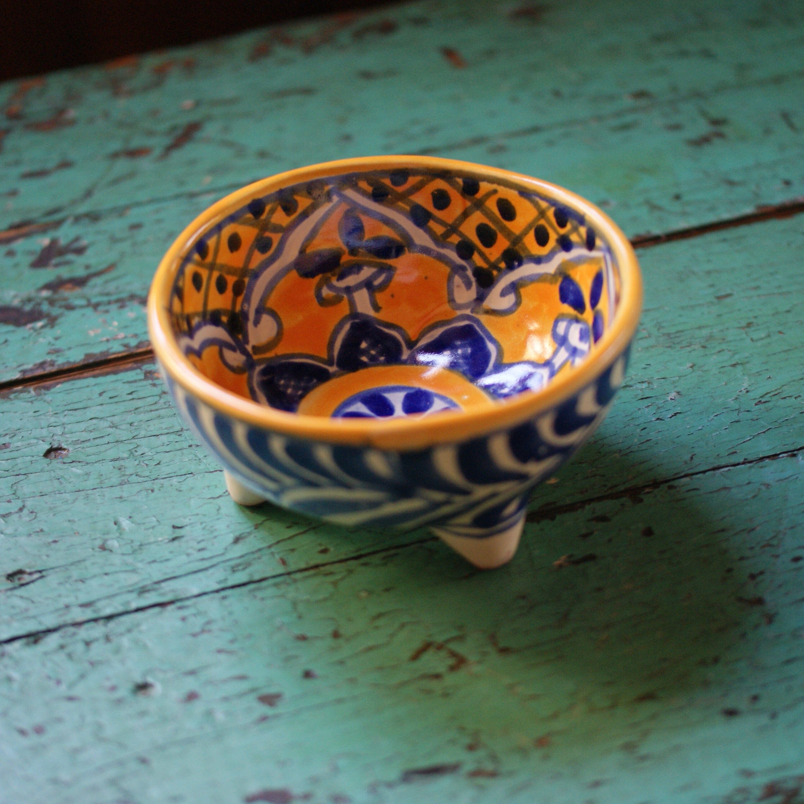 Three-Footed Bowls, Medium, Ready to Ship Ceramics Zinnia Folk Arts Blue & Saffron  