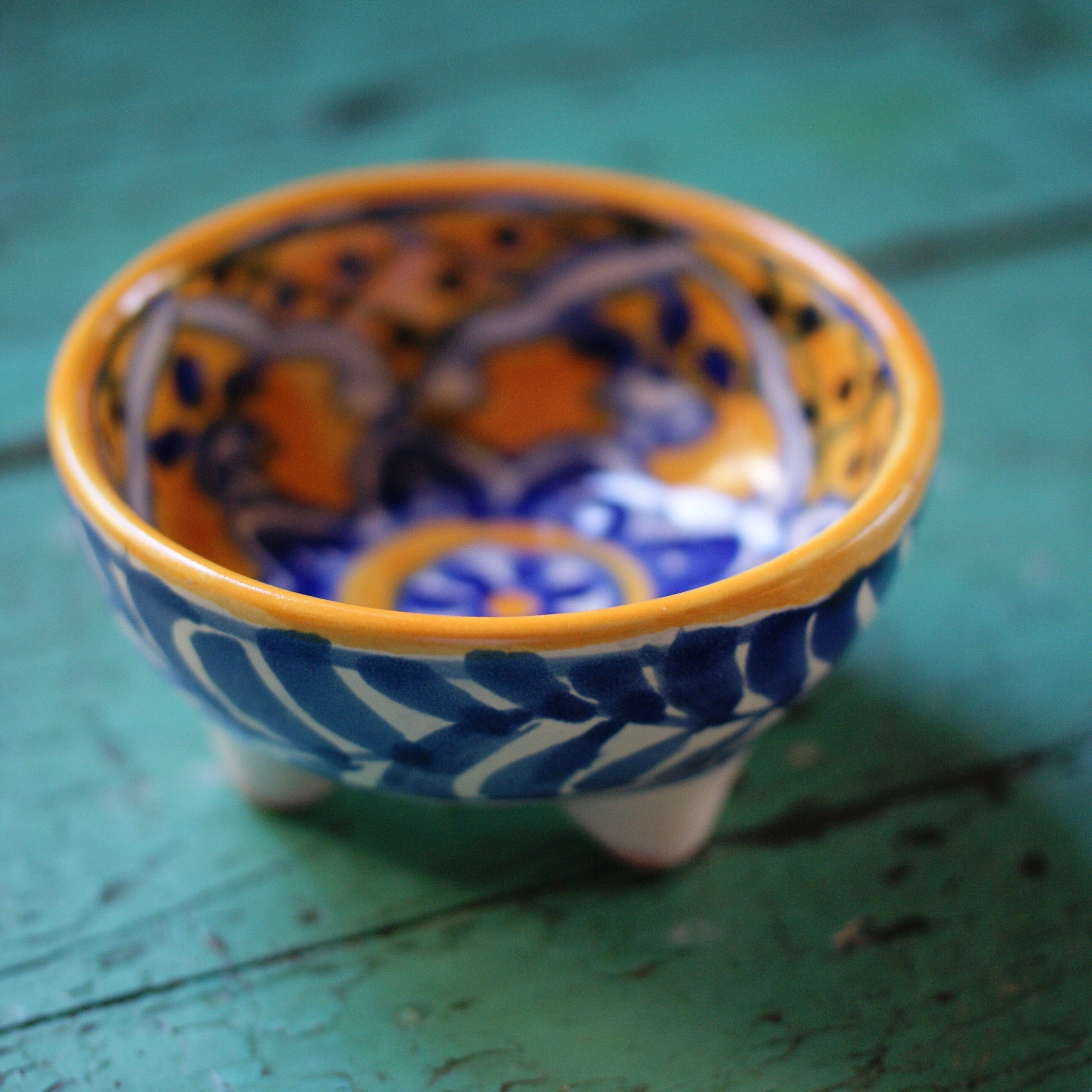 Three-Footed Bowls, Small, Ready to Ship Ceramics Zinnia Folk Arts Blue and Saffron  