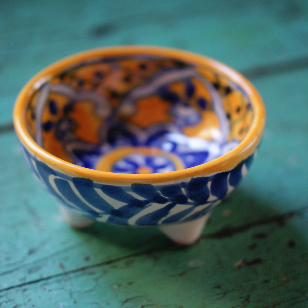 Three-Footed Bowls, Small Ceramics Zinnia Folk Arts Blue and Saffron  