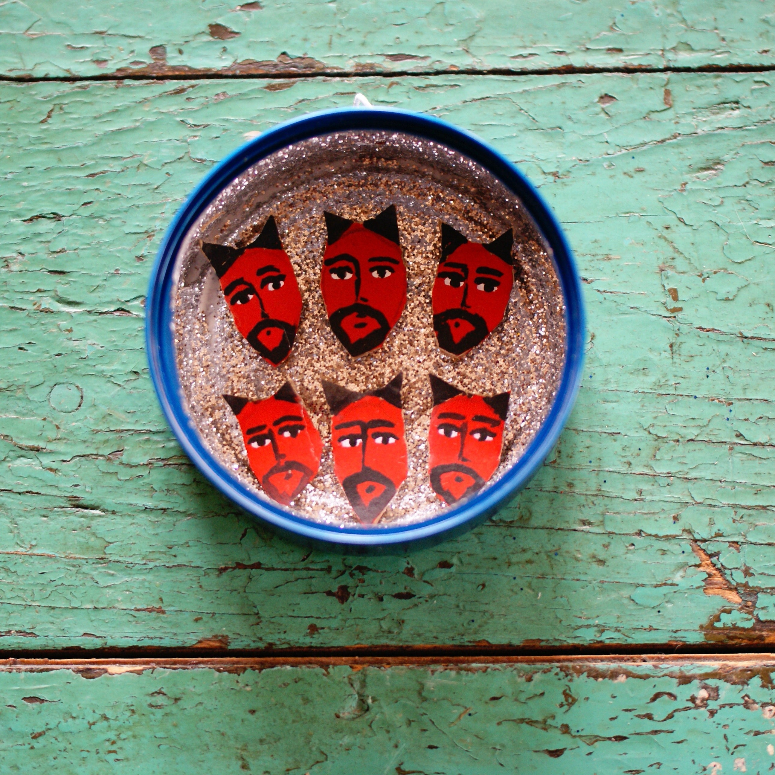 Tin Can Decorated Nicho Boxes Whimsical Zinnia Folk Arts Diablos in Blue Can  