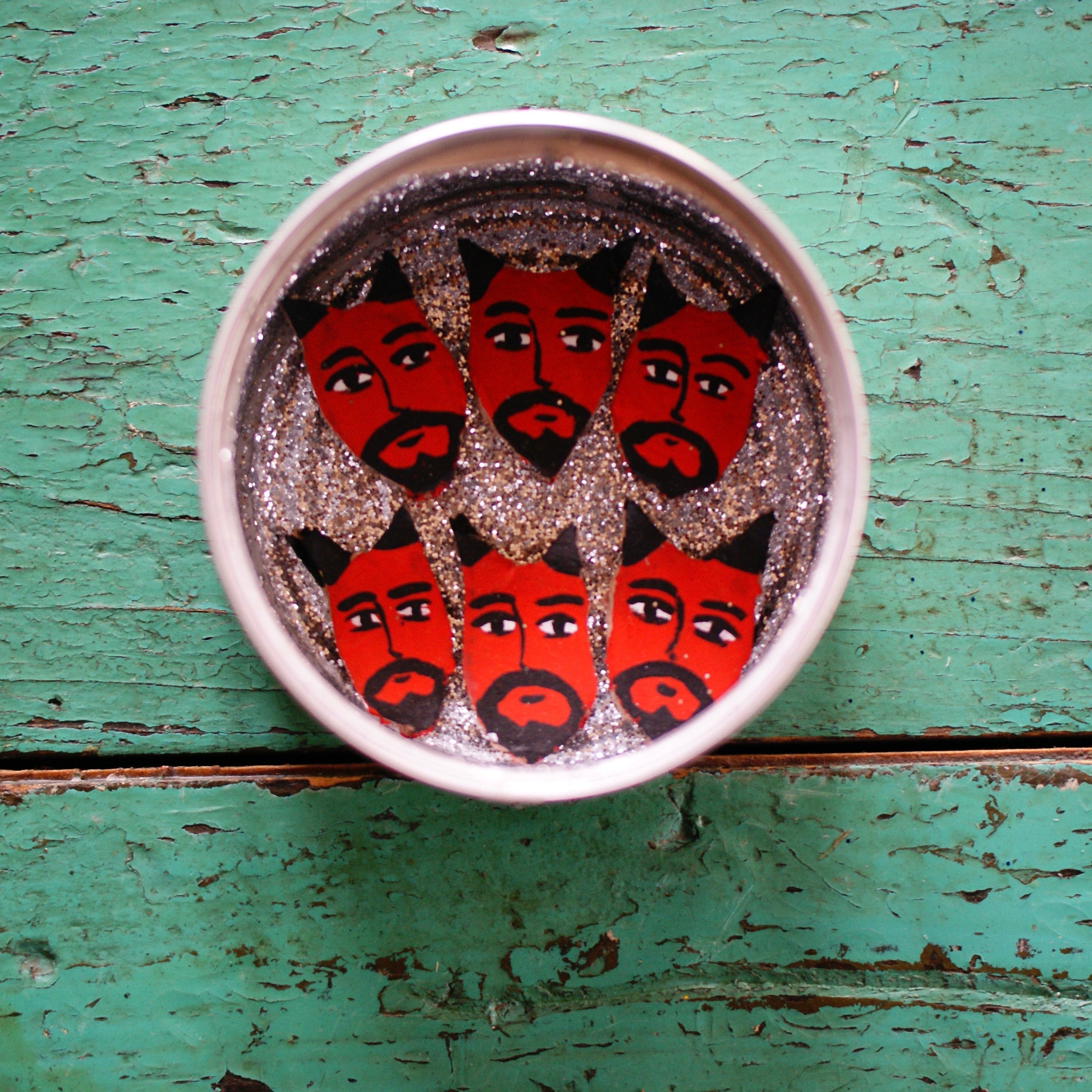 Tin Can Decorated Nicho Boxes Whimsical Zinnia Folk Arts Diablos in Silver Can  