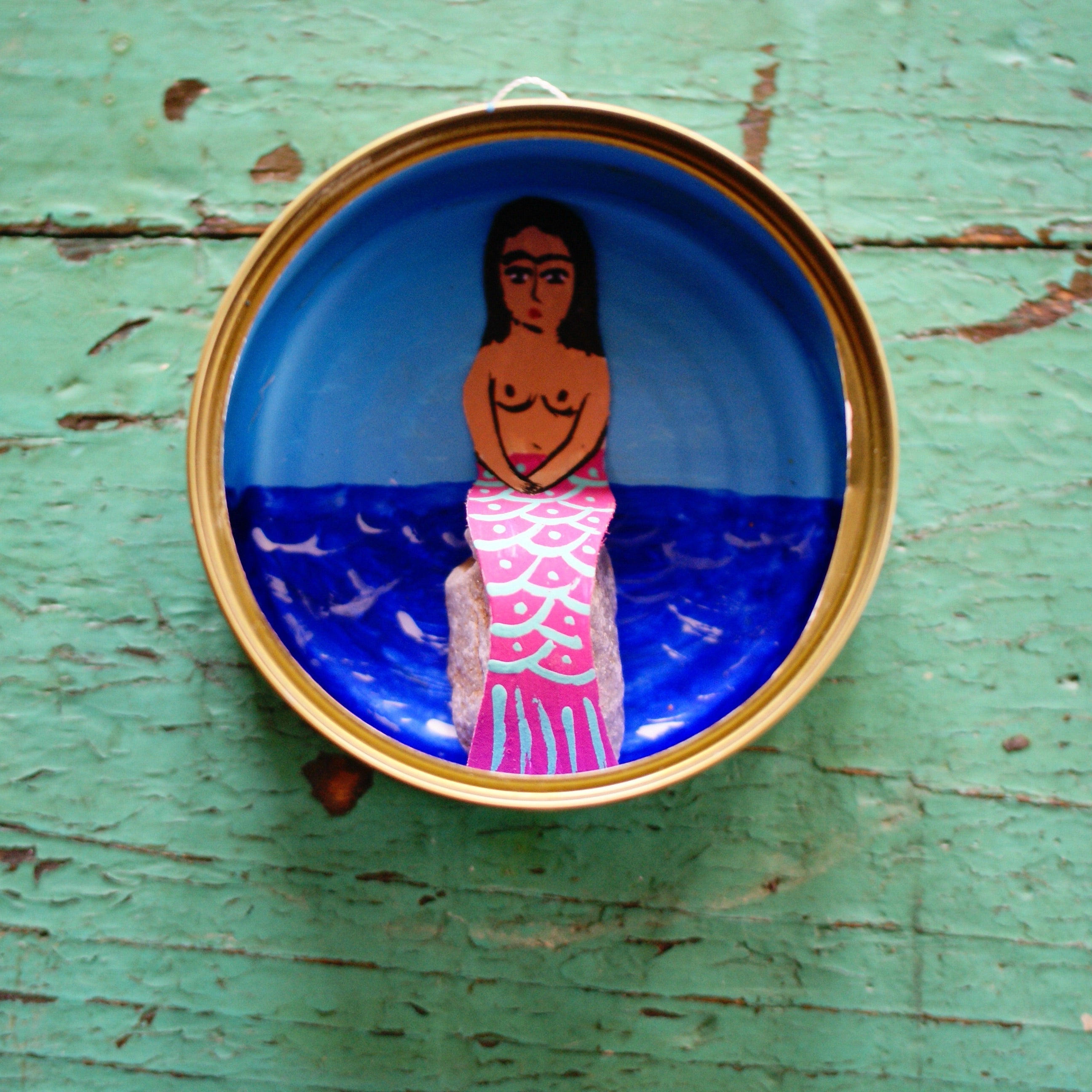 Tin Can Decorated Nicho Boxes Whimsical Zinnia Folk Arts Mermaid in Gold Can  