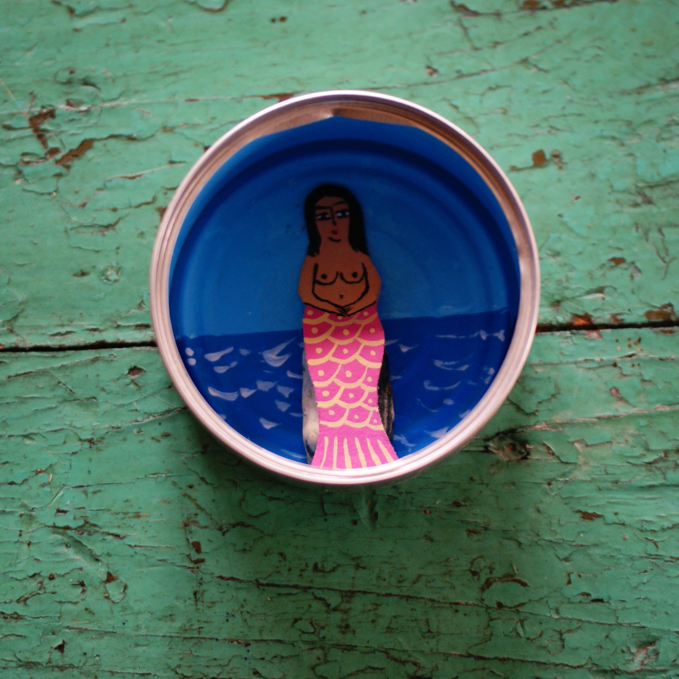 Tin Can Decorated Nicho Boxes Whimsical Zinnia Folk Arts Mermaid in Silver Can  