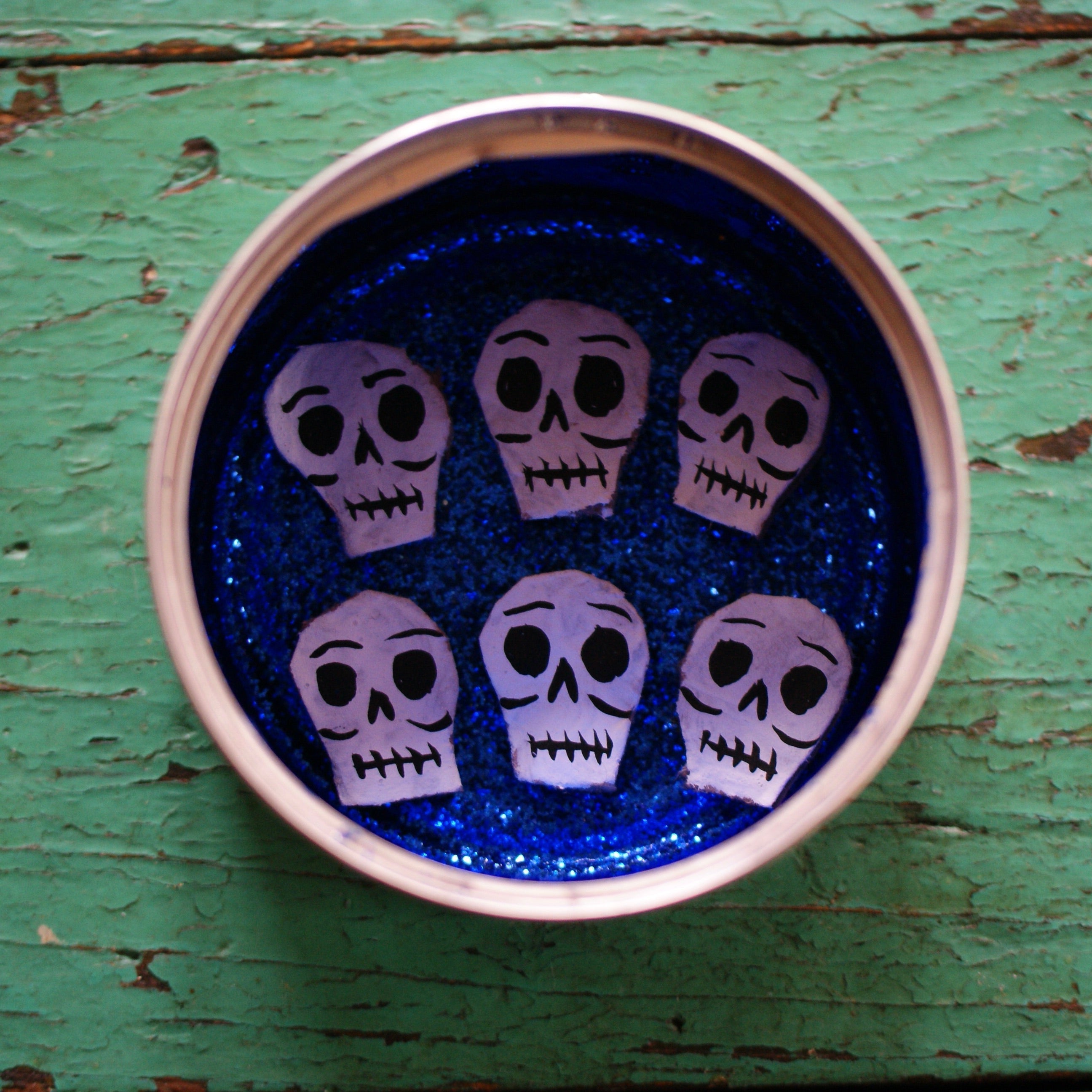 Tin Can Decorated Nicho Boxes Whimsical Zinnia Folk Arts Skulls in Blue Can  
