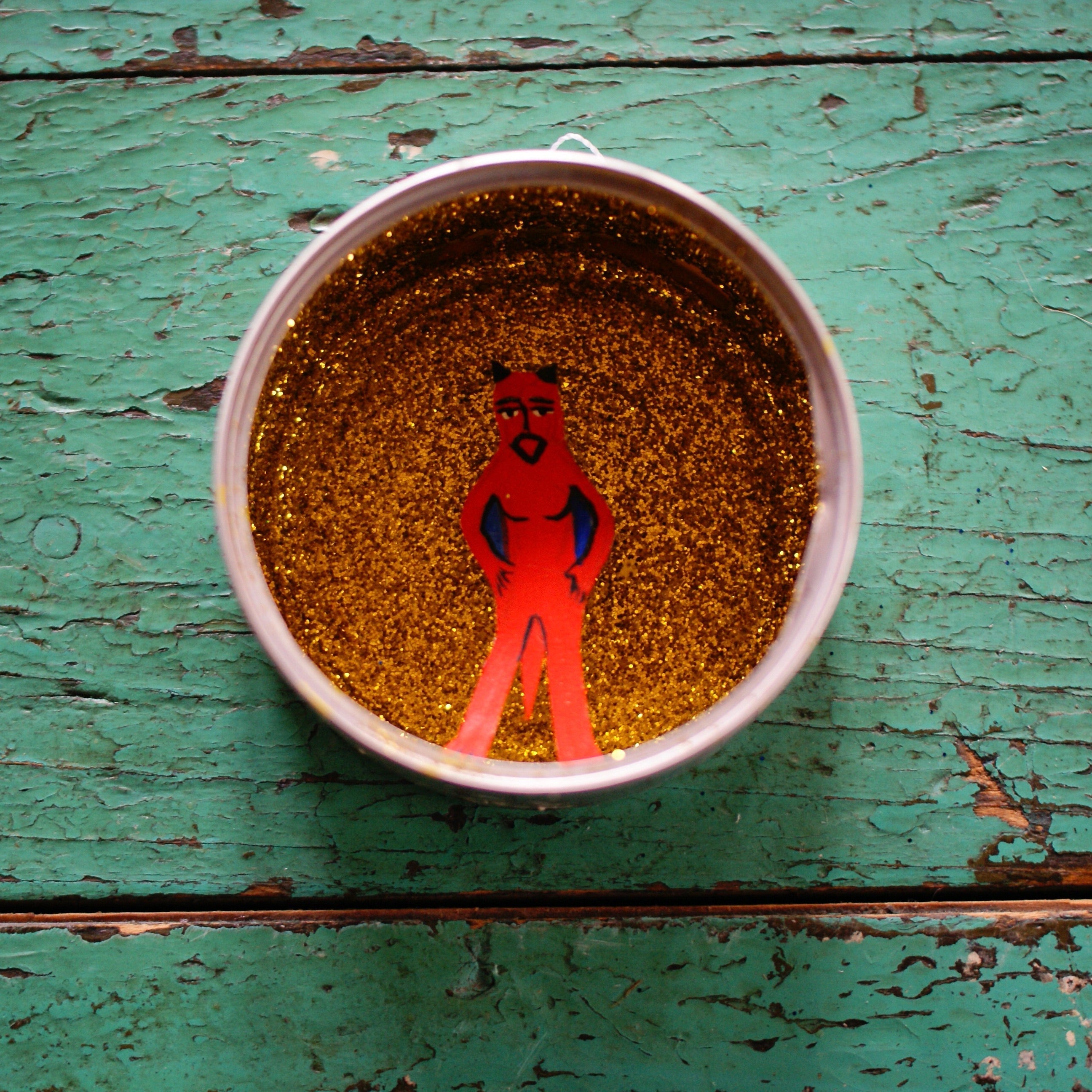 Tin Can Decorated Nicho Boxes Whimsical Zinnia Folk Arts Standing Devil in Gold Glitter  