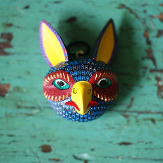 Tiny Carved and Painted Animal Masks, Xuana Family Whimsical Zinnia Folk Arts Blue Owl  