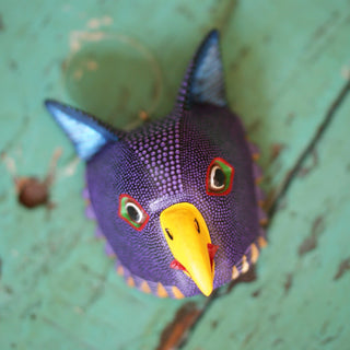 Tiny Carved and Painted Animal Masks, Xuana Family Whimsical Zinnia Folk Arts Purple Owl  