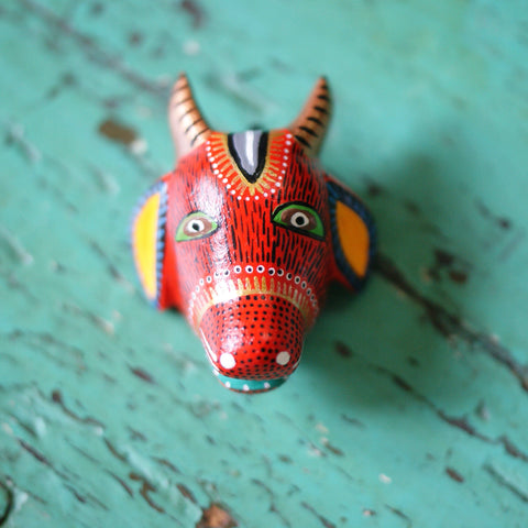 Tiny Carved and Painted Animal Masks, Xuana Family Whimsical Zinnia Folk Arts Red Bull  